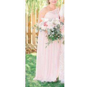 Long one shoulder lace bridemaids dress petal pink